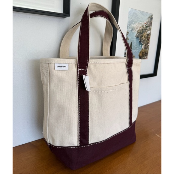 NWT Lands’ End Medium 5 Pocket Open Top Canvas Tote Bag in Natural Burgundy - Picture 4 of 8